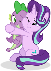 Size: 4874x6770 | Tagged: safe, artist:kojibiose, spike, starlight glimmer, dragon, pony, unicorn, g4, season 9, the ending of the end, absurd resolution, cute, deviantart watermark, duo, duo male and female, female, glimmerbetes, holding a dragon, holding a spike, horn, hug, male, mare, obtrusive watermark, one eye closed, shadow, ship:sparlight, shipping, simple background, sitting, smiling, spikabetes, straight, transparent background, vector, watermark, winged spike, wings