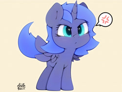 Size: 4000x3000 | Tagged: safe, artist:zokkili, princess luna, alicorn, pony, g4, angry, cross-popping veins, cute, emanata, female, filly, filly luna, grr!!, grrrr, high res, horn, lunabetes, madorable, pictogram, signature, solo, speech bubble, spread wings, stubby legs, wings, woona, younger