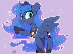 Size: 4000x3000 | Tagged: safe, artist:zokkili, princess luna, alicorn, pony, g4, blushing, crown, cute, ethereal mane, eyebrows, eyebrows visible through hair, female, heart, heart eyes, high res, hoof shoes, horn, jewelry, looking at you, lunabetes, mare, open mouth, peytral, princess shoes, raised hoof, regalia, signature, solo, sparkles, spread wings, wingding eyes, wings