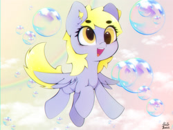 Size: 4000x3000 | Tagged: safe, artist:zokkili, derpy hooves, pegasus, pony, g4, beanbrows, blushing, bubble, cute, derpabetes, ear fluff, eye clipping through hair, eyebrows, eyebrows visible through hair, female, high res, mare, open mouth, open smile, signature, smiling, solo, spread wings, wings