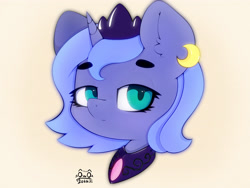 Size: 4000x3000 | Tagged: safe, artist:zokkili, princess luna, pony, g4, bust, crescent moon, crown, ear fluff, eyebrows, eyebrows visible through hair, female, high res, jewelry, lidded eyes, looking at you, moon, peytral, portrait, regalia, signature, simple background, solo