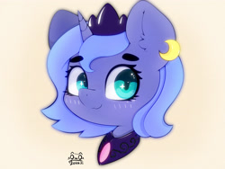 Size: 4000x3000 | Tagged: safe, artist:zokkili, princess luna, pony, g4, blush lines, blushing, bust, crescent moon, crown, cute, ear fluff, eyebrows, eyebrows visible through hair, female, high res, jewelry, looking at you, lunabetes, moon, peytral, portrait, regalia, signature, simple background, smiling, smiling at you, solo, sparkly eyes, wingding eyes