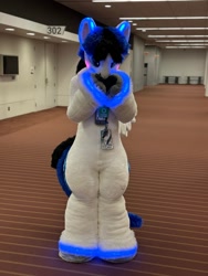 Size: 1500x2000 | Tagged: safe, oc, oc only, oc:lightning flash, 2024, anthrocon, badge, corridor, fursuit, glowing, glowing ears, glowing hooves, hoof on cheek, indoors, irl, photo, ponysuit, solo