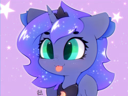 Size: 4000x3000 | Tagged: safe, artist:zokkili, princess luna, alicorn, pony, g4, :3, :p, bust, crown, cute, eyebrows, eyebrows visible through hair, female, high res, horn, jewelry, lunabetes, peytral, regalia, short mane, signature, smiling, solo, stars, tongue out