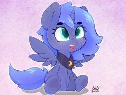 Size: 4000x3000 | Tagged: safe, artist:zokkili, princess luna, alicorn, pony, g4, beanbrows, cute, eyebrows, eyebrows visible through hair, female, filly, filly luna, frog (hoof), high res, horn, lunabetes, open mouth, open smile, peytral, signature, sitting, smiling, solo, spread wings, tail, underhoof, wings, woona, younger