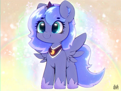 Size: 4000x3000 | Tagged: safe, artist:zokkili, princess luna, alicorn, pony, g4, beanbrows, crown, cute, ear fluff, eye clipping through hair, eyebrows, eyebrows visible through hair, female, filly, filly luna, heart, high res, hoof shoes, horn, jewelry, lunabetes, mare, peytral, princess shoes, regalia, signature, smiling, solo, spread wings, tail, wings, woona, younger