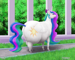 Size: 1200x960 | Tagged: safe, artist:soobel, princess celestia, alicorn, pony, g4, bow, butt, chubbylestia, fat, female, huge butt, large butt, mare, morbidly obese, obese, plot, solo, sunbutt, the ass was fat