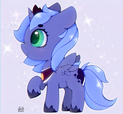 Size: 3250x3000 | Tagged: safe, artist:zokkili, princess luna, alicorn, pony, g4, crown, cute, female, high res, hoof shoes, horn, jewelry, lunabetes, mare, peytral, princess shoes, profile, raised hoof, regalia, side view, signature, small wings, smiling, solo, spread wings, tail, wings