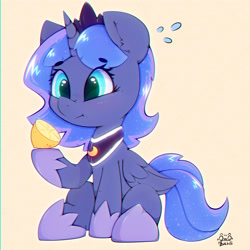 Size: 3000x3000 | Tagged: safe, artist:zokkili, princess luna, alicorn, pony, g4, crown, cute, ear fluff, eyebrows, eyebrows visible through hair, female, folded wings, food, high res, hoof shoes, horn, jewelry, lemon, looking at something, lunabetes, mare, peytral, princess shoes, regalia, signature, sitting, solo, tail, wings