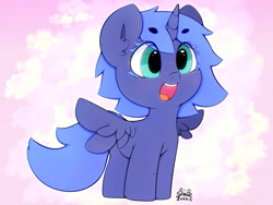 Size: 4000x3000 | Tagged: safe, artist:zokkili, princess luna, alicorn, pony, g4, beanbrows, cute, ear fluff, eyebrows, eyebrows visible through hair, female, filly, filly luna, high res, horn, lunabetes, open mouth, open smile, signature, smiling, solo, spread wings, tail, wings, woona, younger