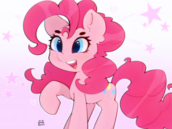 Size: 4000x3000 | Tagged: safe, artist:zokkili, pinkie pie, earth pony, pony, g4, beanbrows, ear fluff, eyebrows, female, high res, mare, open mouth, open smile, raised hoof, signature, smiling, solo, tail