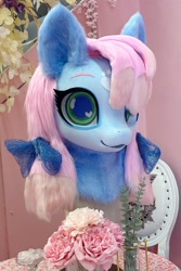 Size: 1366x2048 | Tagged: safe, artist:superqinci, oc, oc only, bow, fursuit head, hair bow, heart, heart eyes, irl, photo, ponysuit, solo, wingding eyes