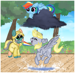 Size: 2192x2120 | Tagged: safe, artist:nootaz, derpy hooves, rainbow dash, oc, oc:czairkolmoslink, pegasus, pony, g4, cloud, commission, outdoors, passepartout, puddle, rain, raincloud, raincoat, tree, trio, umbrella