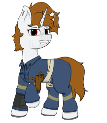 Size: 1313x1512 | Tagged: safe, artist:rusty kettle, oc, oc only, oc:black light, fallout equestria, bandage, clothes, fallout equestria: magnum opus, holster, jumpsuit, pipbuck, red eyes, simple background, solo, transparent background