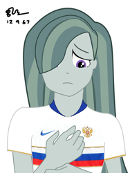 Size: 1600x2133 | Tagged: safe, artist:copy1234v2, marble pie, human, equestria girls, g4, clothes, equestria girls-ified, football, jersey, looking down, russia, shirt, shy, simple background, solo, sports, white background