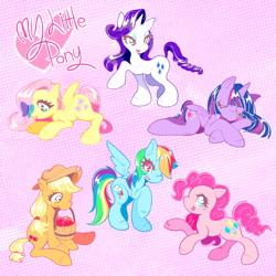 Size: 2500x2500 | Tagged: safe, artist:leshitprince, applejack, fluttershy, pinkie pie, rainbow dash, rarity, twilight sparkle, alicorn, butterfly, earth pony, pegasus, pony, unicorn, g4, apple, applejack's hat, bucket, cowboy hat, cute, eyeshadow, female, food, hat, horn, makeup, mane six, mare, open mouth, patterned background, polka dot background, twilight sparkle (alicorn)