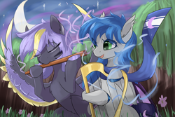 Size: 3000x2000 | Tagged: safe, artist:rainenight, oc, oc only, oc:moonlit flower, oc:startlit classics, bat pony, pegasus, duo, female, flute, forest, harp, magic, mare, musical instrument, nature, tree