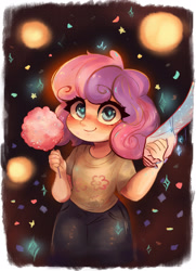 Size: 2841x3914 | Tagged: safe, artist:polnocnykot, sweetie belle, human, fanfic:the carousel, g4, blush lines, blushing, bracelet, celebration, child, clothes, commissioner:shaddar, confetti, cotton candy, crystal, cute, denim, dress, duo, evening, fanfic art, female, flower, freckles, glowing, glowing eyes, hand, happy, humanized, illustration, jeans, jewelry, lights, looking at you, offscreen character, pants, shirt, smiling, smiling at you, solo focus, sparkles, t-shirt, two toned hair