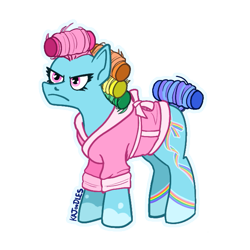 Size: 657x656 | Tagged: safe, artist:forbiddenkajoodles, rainbow dash (g3), earth pony, g3, alternate cutie mark, alternate design, bathrobe, clothes, female, g3 rainbow dash is not amused, hair curlers, mare, robe, simple background, solo, transparent background, unamused