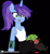 Size: 4107x4500 | Tagged: safe, artist:clubvixen, oc, oc:cher nobyl, pony, unicorn, semi-anthro, black background, clothes, cosplay, costume, eye clipping through hair, female, food, futurama, horn, mare, simple background, sitting, turanga leela, unicorn oc, watermelon