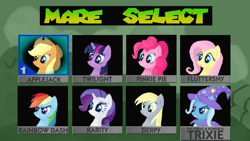 Size: 1280x720 | Tagged: safe, artist:umsx, applejack, derpy hooves, fluttershy, pinkie pie, rainbow dash, rarity, trixie, twilight sparkle, earth pony, pegasus, pony, unicorn, g4, applejack's hat, cape, character select, clothes, cowboy hat, hat, horn, mane six, mario kart, mario kart 64, super mario bros., trixie's cape, trixie's hat