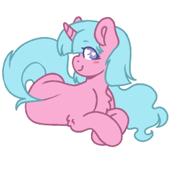 Size: 1000x1000 | Tagged: safe, artist:kazmuun, oc, oc only, oc:summer dreams, pony, unicorn, blank flank, blue mane, blue tail, blush lines, blushing, chest fluff, chibi, colored, colored eyelashes, colored lineart, crossed hooves, eye clipping through hair, female, female oc, flat colors, heart, heart eyes, horn, leg fluff, long mane, long tail, looking back, lying down, mare, mare oc, pink coat, profile, prone, purple eyelashes, purple eyes, signature, simple background, smiling, solo, tail, transparent background, unicorn horn, unicorn oc, white pupils, wingding eyes