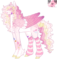 Size: 2511x2610 | Tagged: safe, artist:sleepy-nova, artist:starlumi, oc, oc only, oc:make a wish, pegasus, pony, alternate design, bandaid, blank flank, blaze (coat marking), blonde eyelashes, chest fluff, clothes, coat markings, colored belly, colored eartips, colored eyelashes, colored hooves, colored pinnae, colored pupils, colored wings, colored wingtips, commission, curly mane, curly tail, ear markings, ear piercing, earring, eyebrows, eyebrows visible through hair, facial markings, feathered wings, female, female oc, fetlock tuft, folded wings, hair accessory, high res, hooves, jewelry, lacrimal caruncle, leg fluff, leg markings, leg warmers, lidded eyes, long legs, long mane, long tail, looking back, mane accessory, mare, mare oc, multicolored wings, no pupils, oc redesign, pale belly, pegasus oc, piercing, pink coat, pink wingtips, profile, redesign, shiny hooves, simple background, smiling, snip (coat marking), socks (coat markings), solo, standing, star mark, stars, sticker, striped leg warmers, tail, tail accessory, tall ears, transparent background, wall of tags, white belly, wing fluff, wings, yellow eyes, yellow hooves