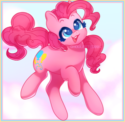 Size: 1280x1254 | Tagged: safe, artist:ghoulette0884, pinkie pie, earth pony, pony, g4, blue eyes, cross-eyed, cute, diapinkes, female, full body, mare, open mouth, open smile, raised hoof, smiling, solo