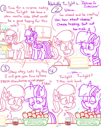 Size: 4779x6013 | Tagged: safe, artist:adorkabletwilightandfriends, lily, lily valley, twilight sparkle, alicorn, comic:adorkable twilight and friends, g4, adorkable, adorkable twilight, cake, comic, concerned, concerned pony, cute, decision, dork, food, friendship, funny, happy, humor, kitchen, nervous, nervous sweat, pepper, question, slice of life, smiling, standing, strawberry, sweat, sweating profusely, thinking, twilight sparkle (alicorn)