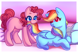 Size: 1104x755 | Tagged: safe, artist:ghoulette0884, pinkie pie, rainbow dash, earth pony, pegasus, pony, g4, :o, blue coat, cute, dashabetes, diapinkes, duo, duo female, eating, female, looking at someone, missing cutie mark, nom, open mouth, passepartout, pillow, smiling, tail, tail in mouth