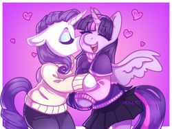 Size: 2048x1536 | Tagged: safe, artist:ghoulette0884, rarity, twilight sparkle, alicorn, unicorn, semi-anthro, g4, cheek kiss, clothes, duo, duo female, eyes closed, female, gradient background, horn, kissing, lesbian, mare, open mouth, open smile, pants, passepartout, pink background, ship:rarilight, shipping, shirt, skirt, smiling, twilight sparkle (alicorn), white coat, wings