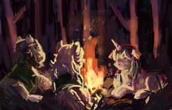 Size: 1944x1246 | Tagged: safe, artist:stickygooh, oc, oc only, pony, unicorn, campfire, female, forest, horn, lying down, male, mare, nature, night, outdoors, prone, stallion, tree, trio