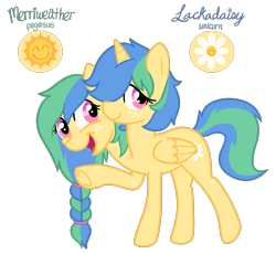 Size: 1545x1422 | Tagged: safe, artist:fillyfool, oc, oc only, oc:lackadaisy (fillyfool), oc:merriweather (fillyfool), pegasus, pony, unicorn, blue mane, body freckles, braid, conjoined, conjoined twins, cutie mark, duo, eyelashes, female, flower, folded wings, freckles, full body, green mane, hair tie, happy, hooves, horn, mare, multicolored hair, multicolored mane, multicolored tail, multiple heads, not an alicorn, open mouth, pink eyes, raised hoof, reference sheet, shy, siblings, simple background, sisters, smiley face, smiling, standing, sun, tail, tall, teal mane, transparent background, twins, two heads, two toned hair, two toned mane, two toned tail, underhoof, waving, wings, yellow body