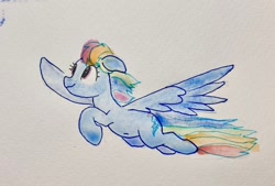 Size: 1820x1227 | Tagged: safe, anonymous artist, rainbow dash, pegasus, pony, g4, belly, belly button, female, flying, mare, solo, traditional art, watercolor painting