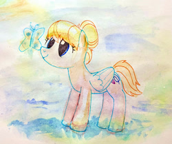 Size: 2718x2268 | Tagged: safe, anonymous artist, summer breeze, butterfly, pegasus, pony, g4, female, friendship student, looking up, mare, smiling, solo, traditional art, watercolor painting