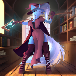 Size: 3200x3200 | Tagged: safe, artist:4m4i, trixie, unicorn, anthro, unguligrade anthro, g4, big ears, book, bookshelf, boots, breasts, busty trixie, cape, clothes, female, gloves, hat, horn, indoors, looking at you, magic staff, shoes, socks, solo, staff, thigh highs, wizard hat