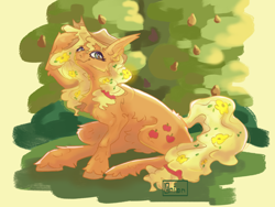 Size: 2000x1500 | Tagged: safe, artist:cybulka, applejack, earth pony, pony, g4, alternate hairstyle, female, flower, flower in hair, flower in tail, mare, outdoors, pear tree, sitting, solo, tail, tree, unshorn fetlocks