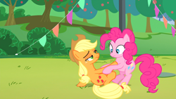 Size: 4096x2304 | Tagged: safe, screencap, applejack, pinkie pie, earth pony, pony, g4, my little pony: friendship is magic, the mane attraction, bush, context is for the weak, duo, duo female, eyes closed, female, flag, hat, hoof on chest, leaning back, lidded eyes, looking down, mare, outdoors, tree