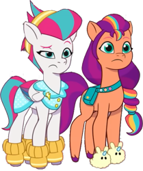 Size: 481x575 | Tagged: safe, edit, edited screencap, editor:pascalmulokozi2, screencap, sunny starscout, zipp storm, earth pony, pegasus, pony, g5, my little pony: tell your tale, sleepover!!, background removed, bunny slippers, clothes, concave belly, duo, duo female, female, fit, mane stripe sunny, mare, not a vector, pajamas, simple background, slender, slippers, sunny's bag, thin, transparent background