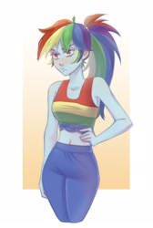 Size: 1454x2160 | Tagged: safe, artist:krlavrova, rainbow dash, human, equestria girls, g4, belly, belly button, clothes, female, gradient background, midriff, pants, passepartout, ponytail, solo