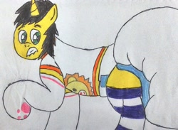 Size: 3085x2261 | Tagged: safe, artist:bitter sweetness, oc, oc only, oc:bitter sweetness, pony, unicorn, abdl, adult foal, clothes, diaper, diaper butt, diaper fetish, fetish, green eyes, gritted teeth, horn, lip bite, looking back, non-baby in diaper, paw socks, poofy diaper, simple background, socks, solo, striped socks, teeth, traditional art, unicorn oc, white background