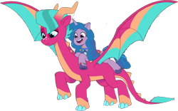 Size: 1368x855 | Tagged: safe, edit, edited screencap, editor:pascalmulokozi2, screencap, blaize skysong, izzy moonbow, dragon, pony, unicorn, g5, my little pony: tell your tale, the blockywockys, spoiler:g5, spoiler:my little pony: tell your tale, spoiler:tyts02e00, background removed, female, horn, mare, not a vector, ponies riding dragons, riding, simple background, transparent background