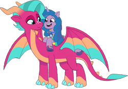 Size: 1174x822 | Tagged: safe, edit, edited screencap, editor:pascalmulokozi2, screencap, blaize skysong, izzy moonbow, dragon, pony, unicorn, g5, my little pony: tell your tale, the blockywockys, spoiler:g5, spoiler:my little pony: tell your tale, spoiler:tyts02e00, background removed, duo, duo female, female, horn, mare, not a vector, nova charm, ponies riding dragons, riding, simple background, transparent background