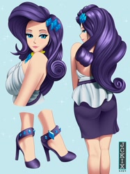 Size: 1500x2001 | Tagged: safe, artist:jckix, kotobukiya, rarity, human, g4, ass, bare shoulders, blue background, breasts, butt, clothes, cute, diamond, eyeshadow, female, high heels, humanized, jewelry, kotobukiya rarity, makeup, necklace, raribetes, shoes, sideboob, simple background, skirt, sleeveless, solo, strapless