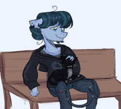 Size: 728x655 | Tagged: safe, artist:kreeeeeez, oc, oc only, oc:drowsy geode, cat, earth pony, anthro, bench, earth pony oc, nonbinary, petting, sitting, solo