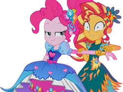 Size: 828x621 | Tagged: safe, edit, edited screencap, editor:mrtoonlover83, screencap, pinkie pie, sunset shimmer, human, equestria girls, g4, background removed, duo, duo female, female, not a vector, simple background, transparent background