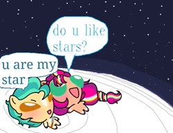 Size: 1049x810 | Tagged: safe, artist:pearl a.g, hitch trailblazer, sunny starscout, earth pony, pony, g5, blushing, chibi, dialogue, do u like stars?, duo, duo male and female, female, male, mane stripe sunny, mare, meme, night, night sky, ship:starblazer, shipping, sky, speech bubble, stallion, stargazing, stars, straight