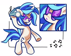 Size: 1947x1521 | Tagged: safe, artist:squidbly, dj pon-3, vinyl scratch, pony, unicorn, g4, bipedal, bust, colored pinnae, female, glasses, headphones, horn, mare, music notes, open mouth, passepartout, portrait, raised hoof, simple background, smiling, solo, standing, underhoof, vinyl's glasses, white background, windswept hair