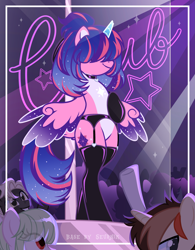 Size: 3893x5001 | Tagged: safe, artist:seurnik, artist:zakypo, oc, oc:estella sparkle, alicorn, pony, semi-anthro, alicorn oc, bedroom eyes, bisexual, broken horn, choker, clothes, commission, female, garter belt, hair over eyes, horn, latex, latex socks, leonine tail, lesbian, male, mare, markings, multicolored hair, offspring, panties, parent:flash sentry, parent:twilight sparkle, parents:flashlight, pole, pole dancing, sign, socks, solo focus, stallion, stockings, straight, strip club, stripper, stripper pole, tail, thigh highs, underwear, wings, ych result