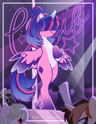 Size: 3893x5001 | Tagged: safe, alternate version, artist:seurnik, artist:zakypo, oc, oc:estella sparkle, alicorn, pony, semi-anthro, alicorn oc, bedroom eyes, bipedal, bisexual, broken horn, commission, female, hair over eyes, horn, leg fluff, leonine tail, lesbian, male, mare, markings, multicolored hair, offspring, parent:flash sentry, parent:twilight sparkle, parents:flashlight, pole, pole dancing, sign, solo focus, stallion, straight, strip club, stripper, stripper pole, tail, unshorn fetlocks, wings, ych result